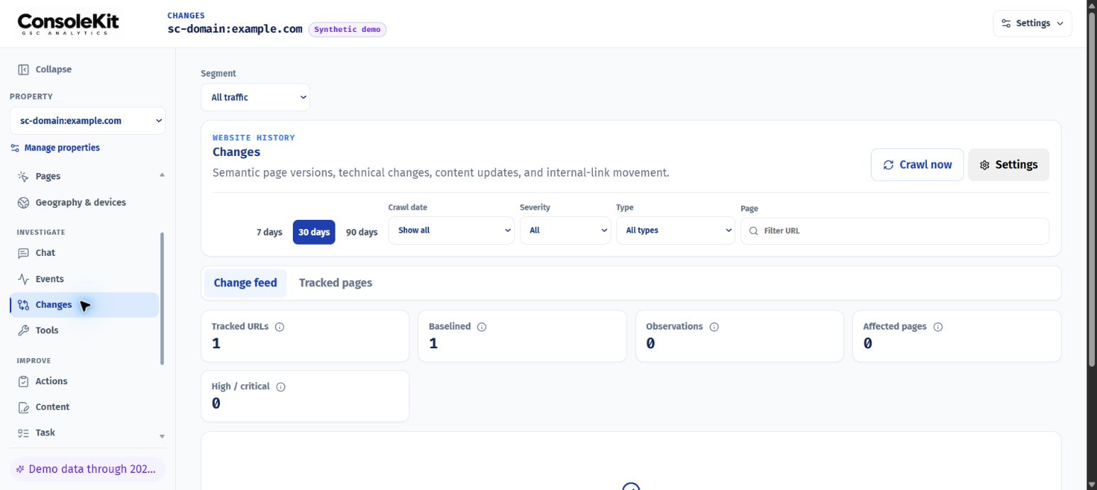 ConsoleKit Changes screen using an anonymised synthetic demo property