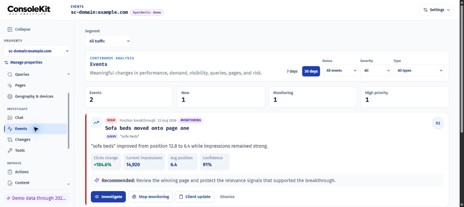 ConsoleKit Events feed with anonymised synthetic demo evidence